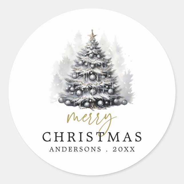 Modernes Schwarz-Weiß-Weihnachtsbaum-Party Runder Aufkleber (Vorderseite)
