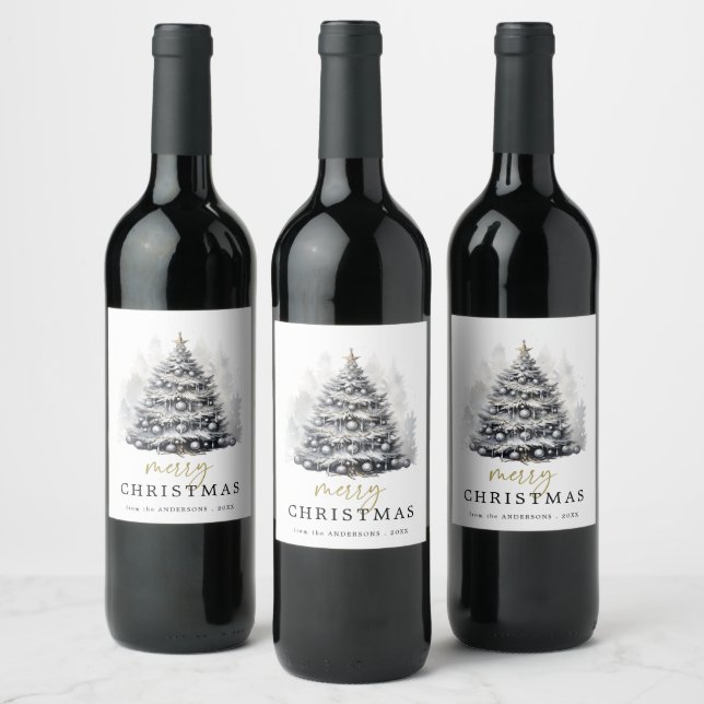 Modernes Schwarz-Weiß-Weihnachtsbaum-Party Weinetikett (Flaschen)
