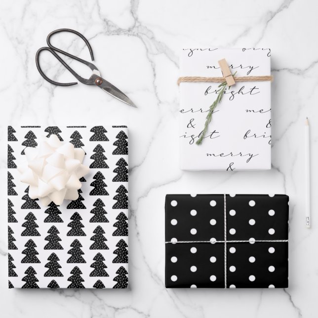 Modernes Schwarz-Weiß-Weihnachtsgeschenkpapier Geschenkpapier Set (Vorderseite)