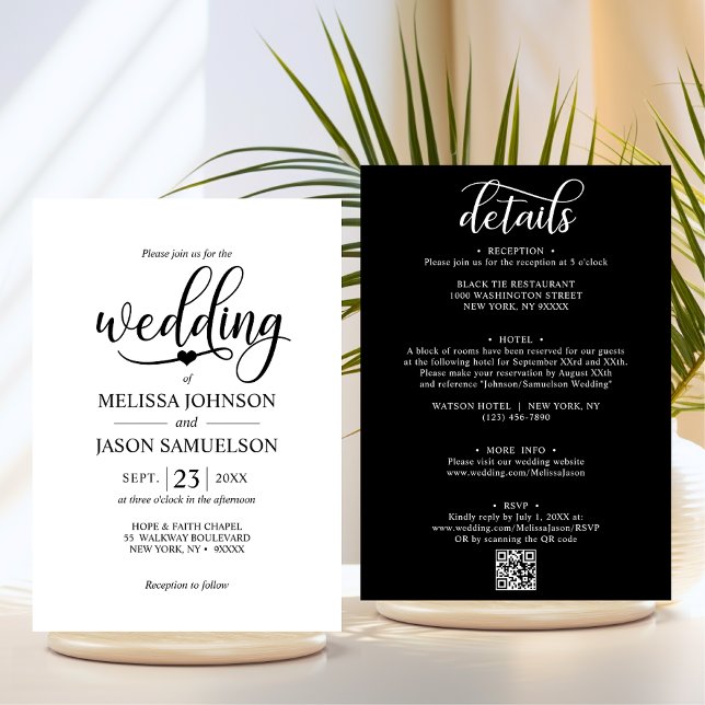 Modernes Schwarz-weißes ALL IN ONE Wedding + QR Co Einladung (Modern Black White ALL IN ONE Wedding + QR code Invitation | Details, Information, RSVP, Hotel)