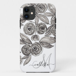 Modernes Schwarz-weißes Blumenfarbenmonogramm Case-Mate iPhone Hülle