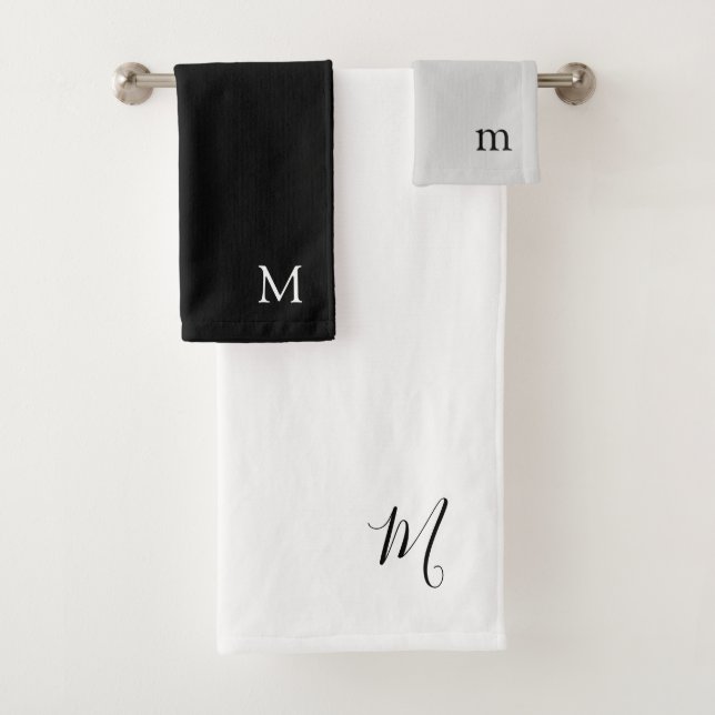 Modernes Schwarz-weißes des Monogramm-Trio-| und Badhandtuch Set (Insitu)