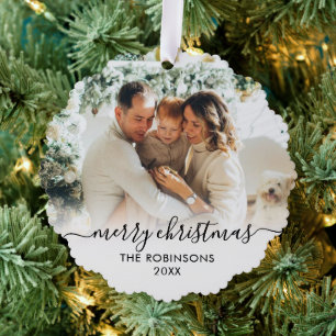 Modernes Schwarz-weißes Drehbuch 2 Foto Weihnachte Ornament Karte