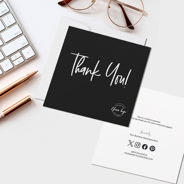 Modernes Schwarz-weißes Firmenlogo - Sozialer Dank Dankeskarte (Minimalist modern typography Business thank you custom logo, social media icons and message card)