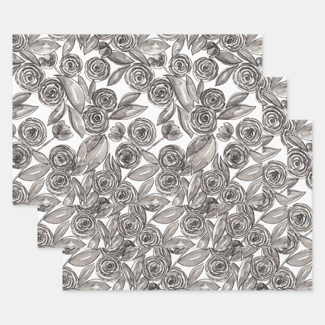 Modernes Schwarz-weißes Floral-Aquarellmuster Geschenkpapier Set (Set)