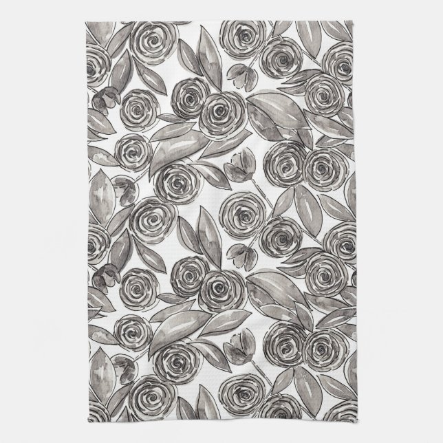 Modernes Schwarz-weißes Floral-Aquarellmuster Geschirrtuch (Vertikal)