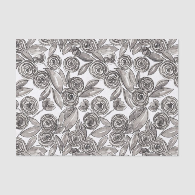 Modernes Schwarz-weißes Floral-Aquarellmuster Seidenpapier (Vorderseite)