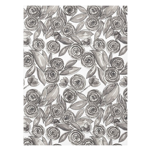 Modernes Schwarz-weißes Floral-Aquarellmuster Tischdecke (Vorderseite)