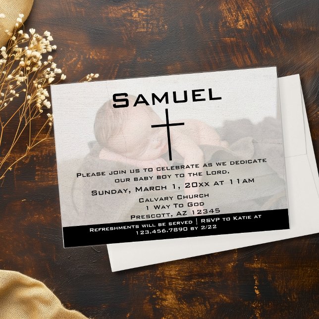 Modernes Schwarz-weißes Foto Baby Dedication Einladung (Modern Black White Photo Baby Dedication Invitations)