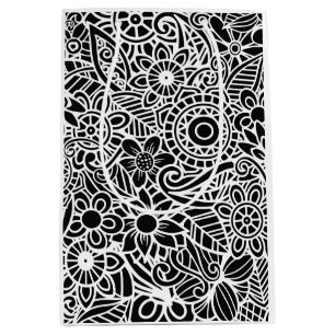 Modernes, Schwarz-weißes Geschenkpapier mit floral Mittlere Geschenktüte
