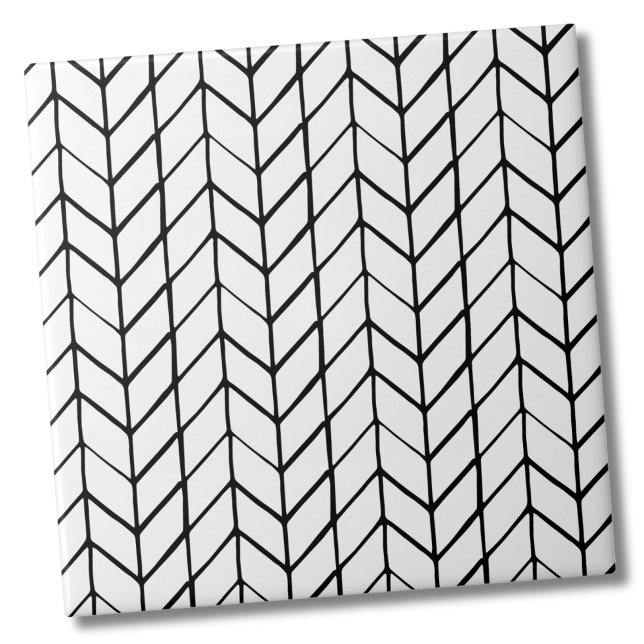 Modernes Schwarz-weißes Herringbone Fliese (Modern Chic Black White Herringbone Ceramic Tile)