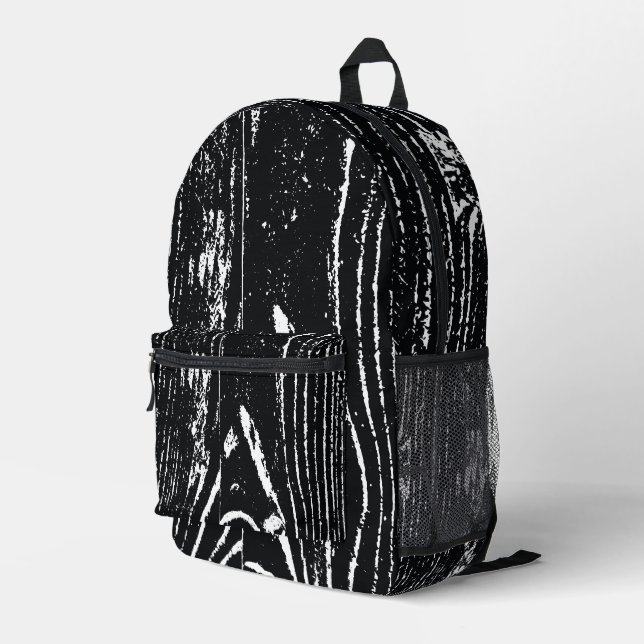 Modernes Schwarz-weißes Holzkörnchen Bedruckter Rucksack (Rückseitige Ecke Rechts)