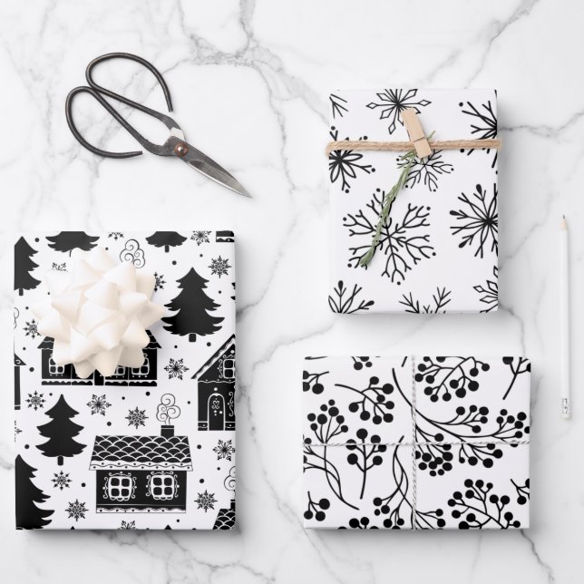 Modernes Schwarz-weißes Lebkuchenhaus Weihnachten Geschenkpapier Set (Vorderseite)