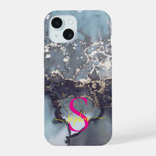modernes schwarz-weißes Marmor-Monogramm iPhone 15 Hülle