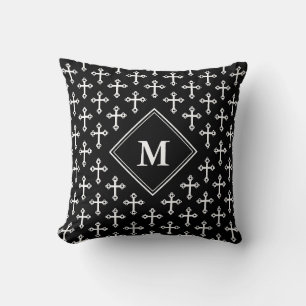 Modernes Schwarz-weißes Monochrome CROSS Monogramm Kissen