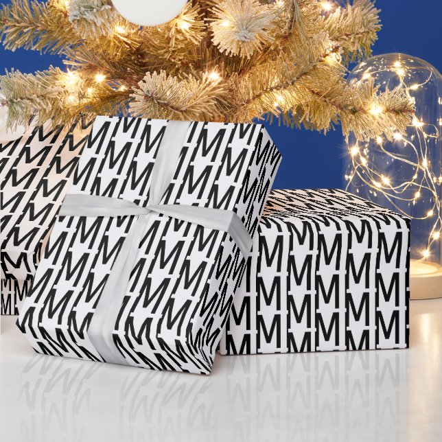 Modernes, Schwarz-weißes Monogramm-Initial-Chic Geschenkpapier (Feiertage)