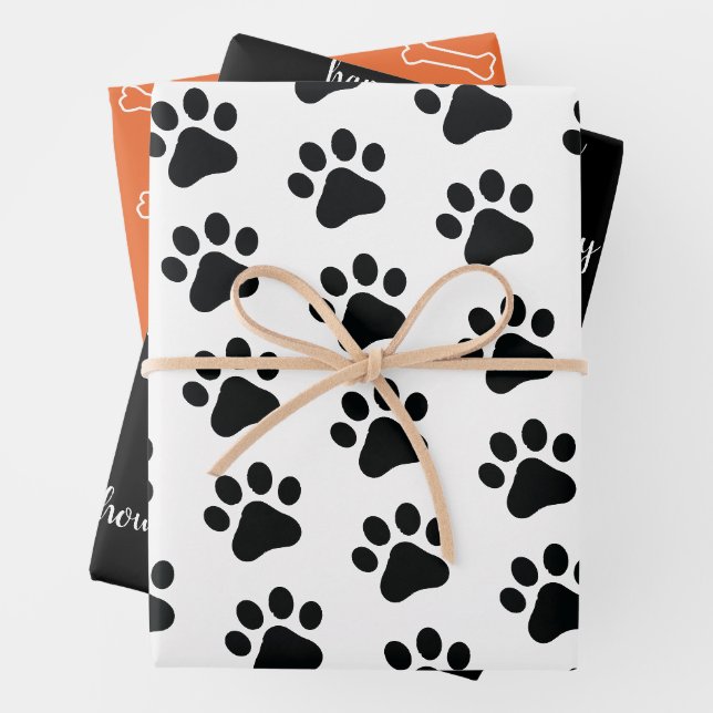 Modernes Schwarz-weißes Orange Dog Halloween Geschenkpapier Set (Beispiel)