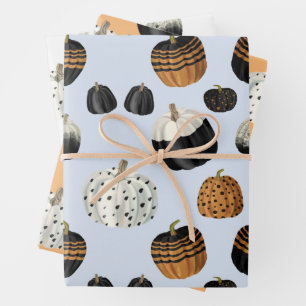 Modernes Schwarz-weißes Orange Pumpkin Pattern Geschenkpapier Set