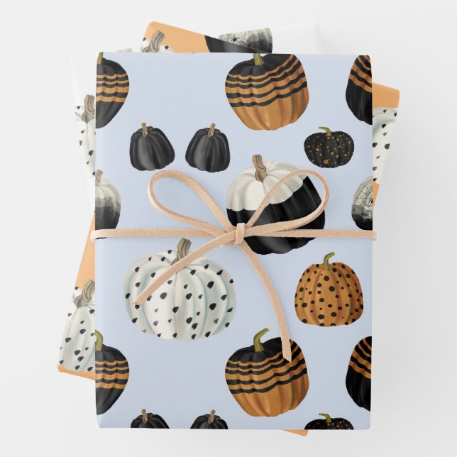 Modernes Schwarz-weißes Orange Pumpkin Pattern Geschenkpapier Set (Beispiel)