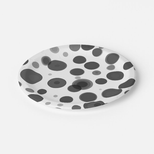 Modernes Schwarz-weißes Polka Dot Bubbles Party Pappteller (Schrägansicht)