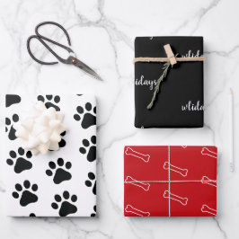 Modernes Schwarz-weißes Roter Hund Themenurlaub Geschenkpapier Set