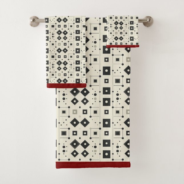 Modernes Schwarz-weißes rotes geometrisches Muster Badhandtuch Set (Insitu)