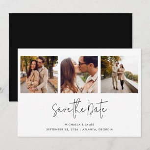 Modernes Schwarz-weißes Script 3 Foto Hochzeit Save The Date