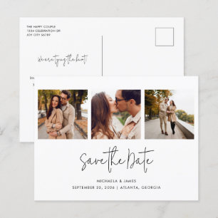 Modernes Schwarz-weißes Script 3 Foto Wedding S Ankündigungspostkarte