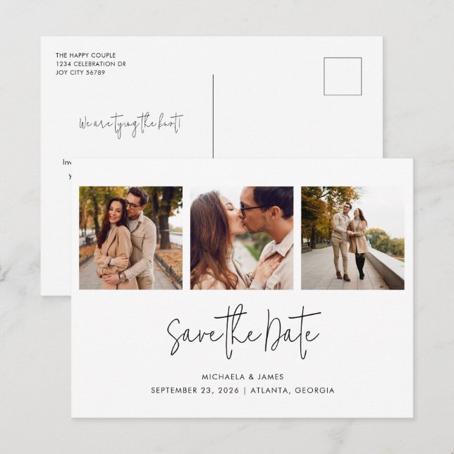 Modernes Schwarz-weißes Script 3 Foto Wedding S Ankündigungspostkarte (Vorne/Hinten)