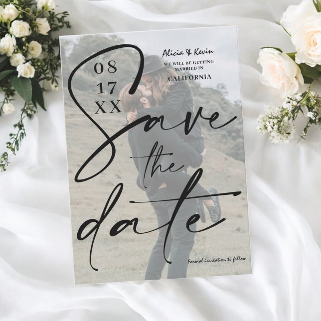 Modernes Schwarz-weißes Skript-Save the Date Foto Einladung (Modern black white script save the date photo invitation)