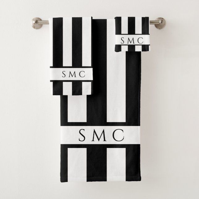 Modernes, Schwarz-weißes Strickbad Monogram Badhandtuch Set (Insitu)