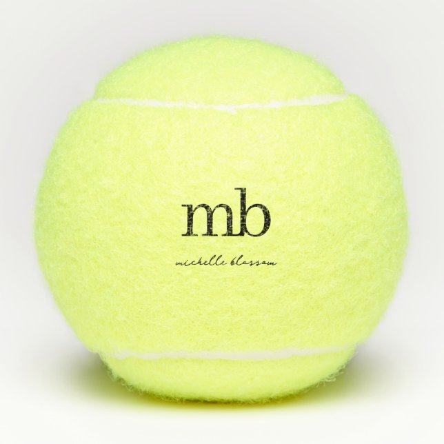 Modernes Schwarz-weißes Trendy Script Initial Mono Tennisbälle (Vorderseite)