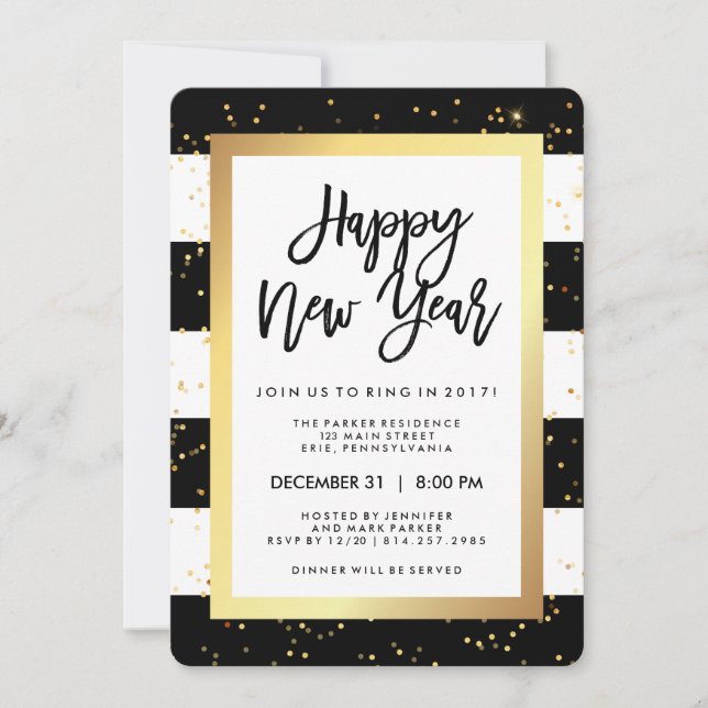 Modernes Schwarz-weißes und Gold Silvester-Party Einladung (Vorderseite)