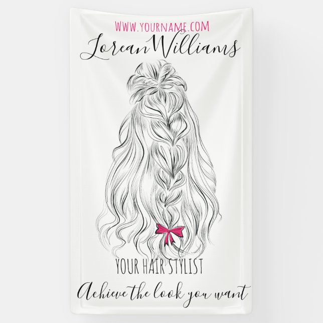 Modernes Schwarz-weißes Wavy Hair Pink Bow Hairsty Banner (Vertikal)