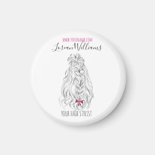 Modernes Schwarz-weißes Wavy Hair Pink Bow Hairsty Magnet (Vorne)