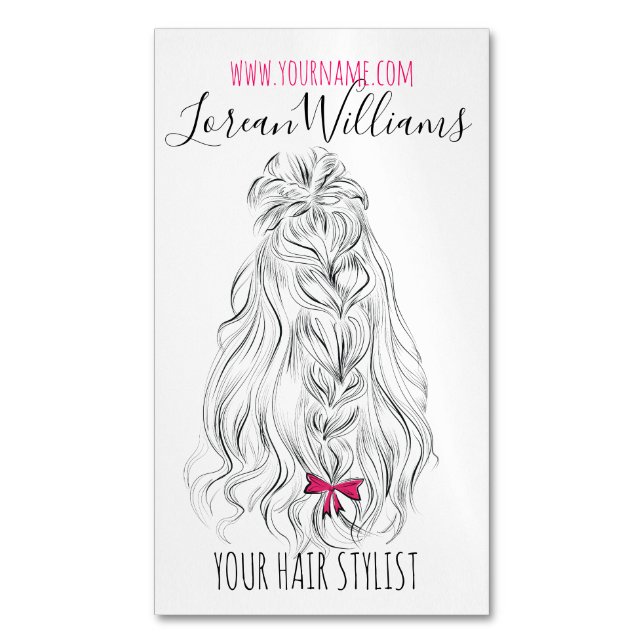 Modernes Schwarz-weißes Wavy Hair Pink Bow Hairsty Magnetische Visitenkarte (Vorderseite Vertikal)