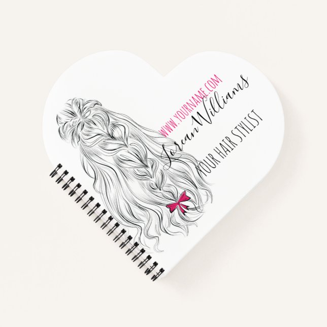 Modernes Schwarz-weißes Wavy Hair Pink Bow Hairsty Notizbuch (Vorderseite)