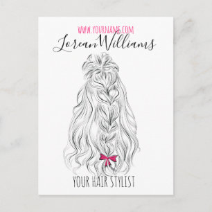 Modernes Schwarz-weißes Wavy Hair Pink Bow Hairsty Postkarte