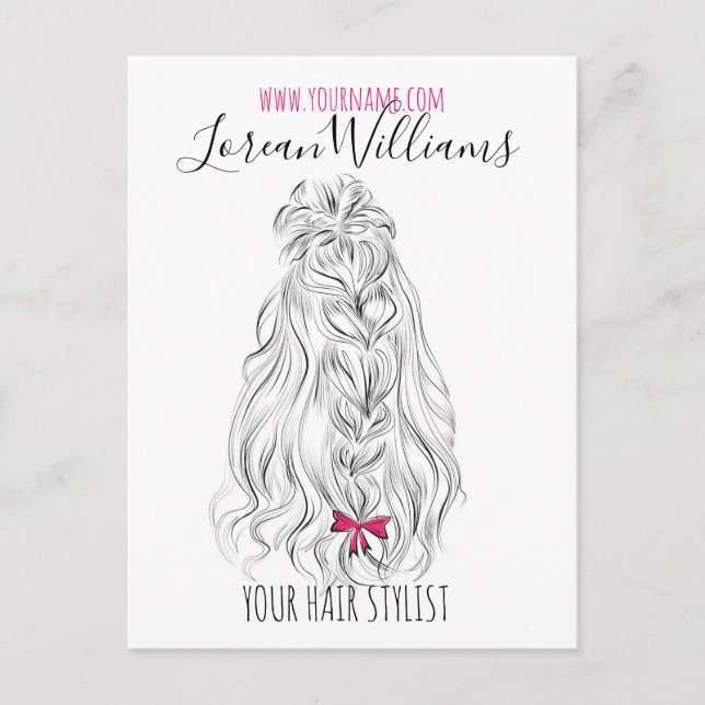 Modernes Schwarz-weißes Wavy Hair Pink Bow Hairsty Postkarte (Vorderseite)