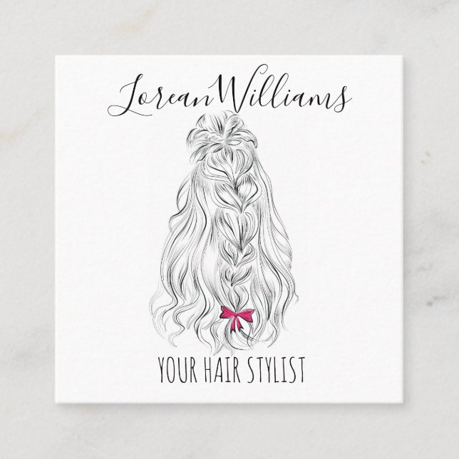 Modernes Schwarz-weißes Wavy Hair Pink Bow Hairsty Terminkarte (Vorderseite)