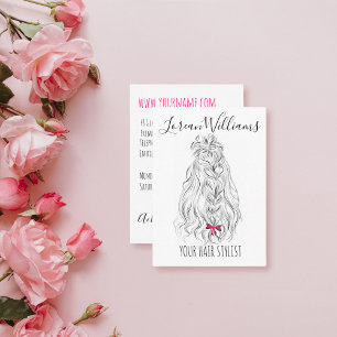 Modernes Schwarz-weißes Wavy Hair Pink Bow Hairsty Visitenkarte