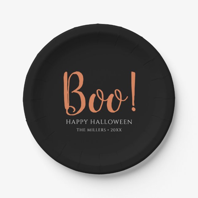 Modernes Schwarzes Boo-Halloweens Pappteller (Vorderseite)