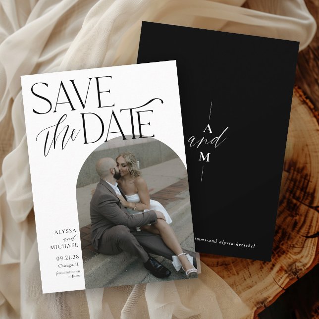 Modernes Schwarzes Foto Save The Date (Elegant modern arch photo typography inline monogram simple black and white wedding save the date)