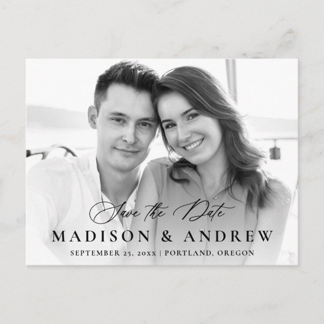 Modernes Schwarzes Foto Save the Date Ankündigungspostkarte (Vorderseite)