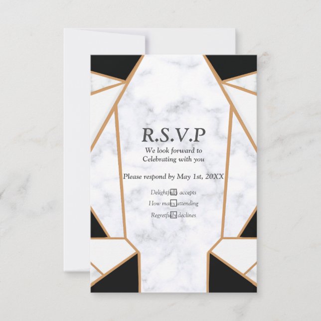 Modernes Schwarzes Gold Abstrakt auf weißem Marmor RSVP Karte (Vorderseite)