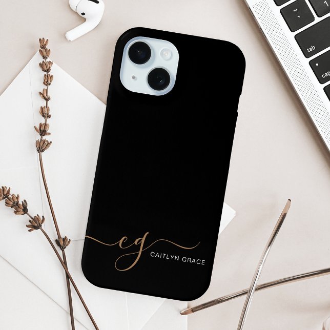 Modernes Schwarzes Gold Feminin Script Mit Monogra Case-Mate iPhone Hülle (Von Creator hochgeladen)