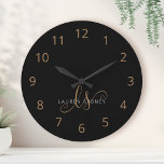 Modernes Schwarzes Gold Feminin Script Mit Monogra Große Wanduhr<br><div class="desc">Modernes Schwarzes Gold Feminine Script Mit Monogramm große Uhr. Diese elegante,  große Uhr lässt sich einfach mit Ihrem eigenen Monogramm und Namen personalisieren.</div>