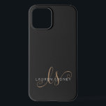 Modernes Schwarzes Gold Feminin Script Mit Monogra iPhone 12 Hülle<br><div class="desc">Modernes Black Gold Feminine Script Mit Monogramm iPhone Case. Dieses elegante,  moderne Handy-Gehäuse lässt sich einfach mit Ihrem individuellen Monogramm und Namen personalisieren.</div>