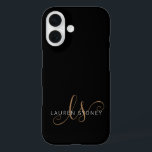 Modernes Schwarzes Gold Feminin Script Mit Monogra iPhone 16 Hülle<br><div class="desc">Modernes Black Gold Feminine Script Mit Monogramm iPhone Case. Dieses elegante,  moderne Handy-Gehäuse lässt sich einfach mit Ihrem individuellen Monogramm und Namen personalisieren.</div>