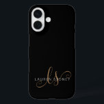 Modernes Schwarzes Gold Feminin Script Mit Monogra iPhone 16 Hülle<br><div class="desc">Modernes Black Gold Feminine Script Mit Monogramm iPhone Case. Dieses elegante,  moderne Handy-Gehäuse lässt sich einfach mit Ihrem individuellen Monogramm und Namen personalisieren.</div>